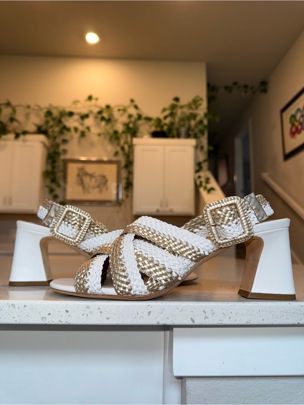 Donald J. Pliner White & Gold Braided Block Heel Sandals